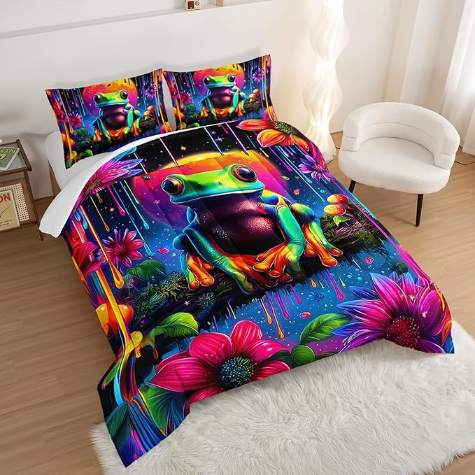 Cartoon Frog Bedding Set Cute King Size,Colored Ink Flower Painting Comforter Sets for Kids Girls Boys Room Decor,Cute Animals Themed Comforter Set with 2 Pillowcases.