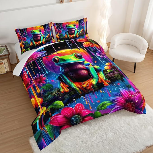 Cartoon Frog Bedding Set Cute Queen Size,Colored Ink Flower Painting Comforter Sets for Kids Girls Boys Room Decor,Cute Animals Themed Comforter Set with 2 Pillowcases.