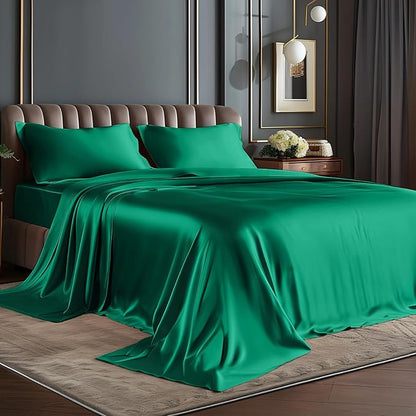 BEDELITE Satin Sheets Twin Size Bed Set, Luxury Soft Dark Green Silky Sheets for Hair and Skin, Similar to Silk Bed Sheets Set 3 Pieces with 1 Deep Pocket Fitted Sheet, 1 Flat Sheet, and 1 Pillowcase