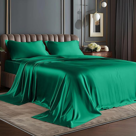 BEDELITE Satin Sheets Full Size Bed Set, Luxury Soft Dark Green Silky Sheets for Hair and Skin, Similar to Silk Bed Sheets Set 4 Pieces with 1 Deep Pocket Fitted Sheet, 1 Flat Sheet, and 2 Pillowcases