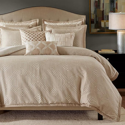 Madison Park Signature King Luxury Jacquard Comforter Set, Removable Duvet Cover with Insert, Oversized Overfilled Bedding, Hand-Guided Embroidered Texture Accents, Geometric Ivory, 9-Piece
