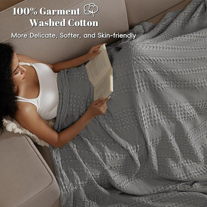 PHF 100% Cotton Waffle Weave Blanket Queen Size for Bed, Soft Lightweight & Breathable for Spring and Summer, All-Season Comfort, Luxury Aesthetic Blanket for Home Decor, 90"x90", Dark Grey