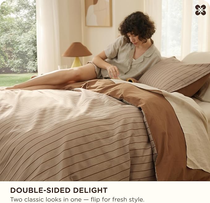 Bedsure Striped Duvet Cover King Size, 100% Washed Cotton PureWoven Duvet Cover Linen Like Textured, Classic Striped Pattern Enhances Bedroom Comfort and Style, Stripes Camel/Brown, 104"x90"