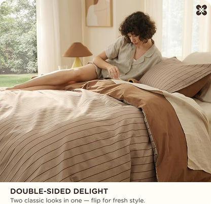 Bedsure Striped Duvet Cover King Size, 100% Washed Cotton PureWoven Duvet Cover Linen Like Textured, Classic Striped Pattern Enhances Bedroom Comfort and Style, Stripes Camel/Brown, 104"x90"