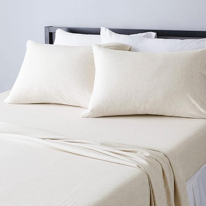 Amazon Basics 4 Piece Breathable 100% Cotton Jersey Knit Sheet Set, Stretchy Lightweight, Includes Flat and Fitted Sheets, Pillowcase, Full, Oatmeal