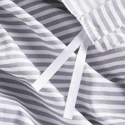 Wake In Cloud - Striped Cotton Duvet Cover Set, Ticking Stripe Pinstripe Farmhouse, 100% Cotton Bedding Set, 3 Pieces, Gray White, Full Size