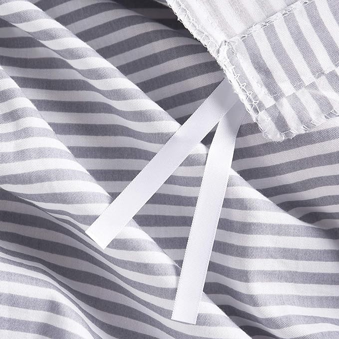 Wake In Cloud - Striped Cotton Duvet Cover Set, Ticking Stripe Pinstripe Farmhouse, 100% Cotton Bedding Set, 3 Pieces, Gray White, Queen Size