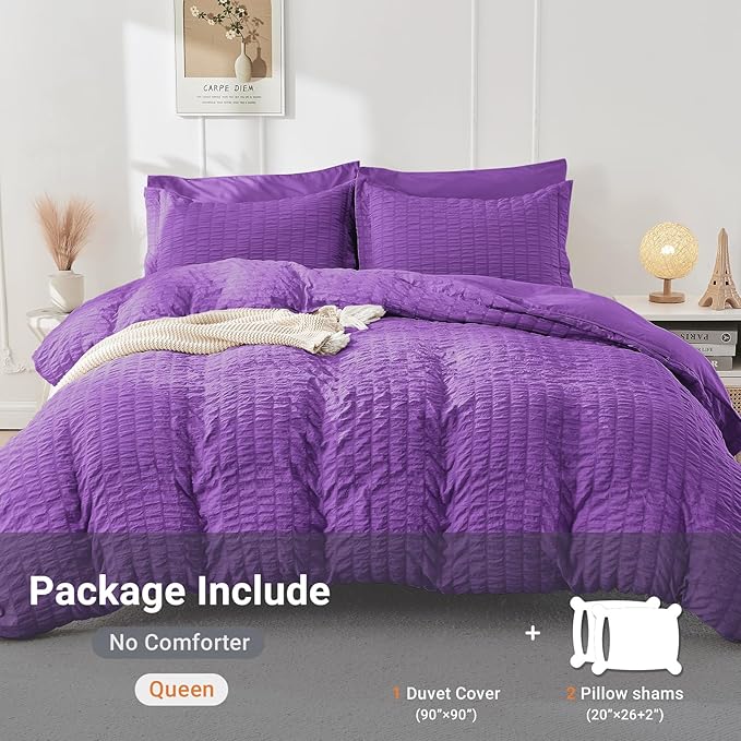 HYMOKEGE Dark Purple Duvet Cover Queen Size, Ultra Soft 3-Piece Seersucker Duvet Cover Set with Zipper Closure, Soft Brushed Microfiber Bedding Set with 8 Corner Ties (90"x90", 2 Pillowshams)
