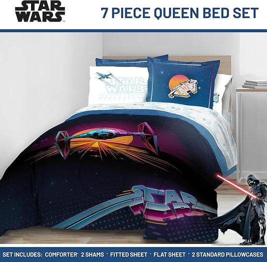 Jay Franco Kids Comforter Set Includes Sheets and Pillow Covers - Soft and Cozy Bed Set for Stylish Room Decor, Blue - Star Wars 02, 7 Piece Queen Size Bedding