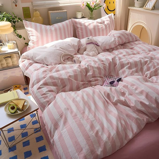 Peach Pink Striped Duvet Cover Twin Size Boho Patterned Comforter Cover Twin Farmhouse Aesthetic Preppy Cute Duvet Cover Set with Corner Ties Girls Bedding Set Washed Microfiber Duvet Protector