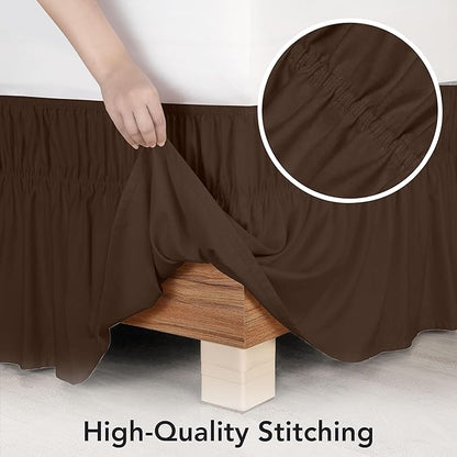 Wrap Around Ruffle Queen Size Bed Skirt – Adjustable Buckle & Elastic Belt for Easy Installation, 16 Inch Drop – Brushed Microfiber - Machine Washable, Fade and Wrinkle Resistant, Brown
