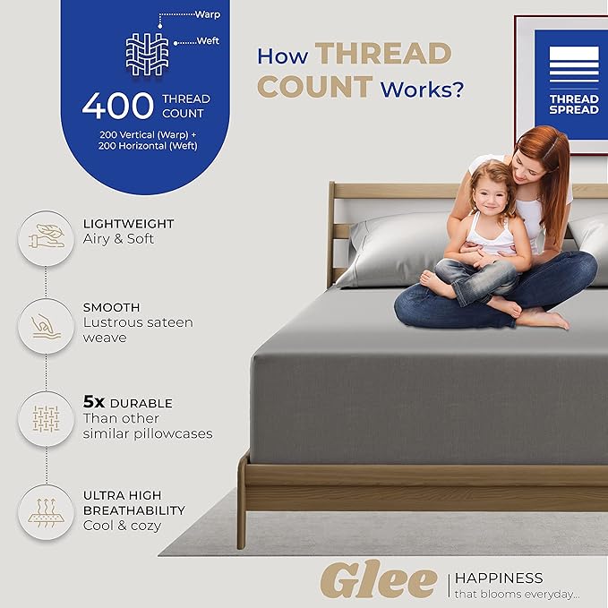 THREAD SPREAD 100% Cotton Pillow Cases Queen Size Set of 2 - Luxury 400 Thread Count Queen Pillow Cases (Dark Grey), Soft Cooling Breathable Hotel Quality Cotton Pillowcases, Fits Standard Pillows