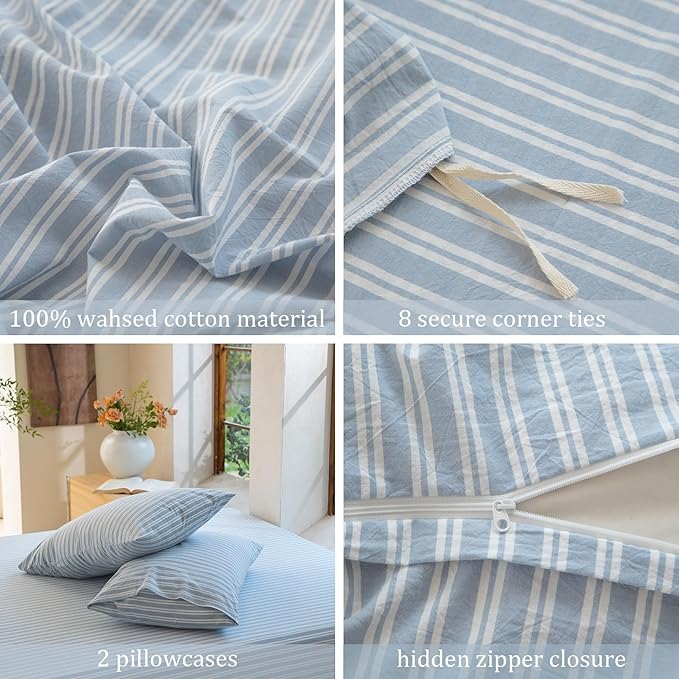 Luxury 100% Washed Cotton Linen Like Duvet Cover Set,3 Pcs Striped Duvet Cover with Zipper Closure(Strip-Cornflower Blue/White,Queen)