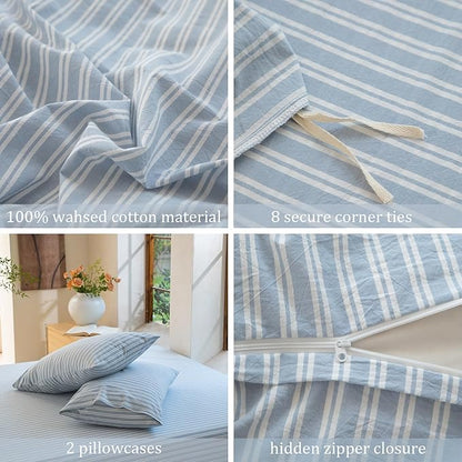 Luxury 100% Washed Cotton Linen Like Duvet Cover Set,3 Pcs Striped Duvet Cover with Zipper Closure(Strip-Cornflower Blue/White,Queen)