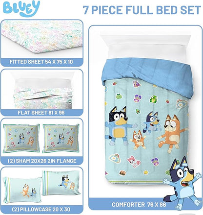 Jay Franco Kids Comforter Set Includes Sheets and Pillow Covers - Soft and Cozy Bed Set for Stylish Room Decor, Blue - Bluey 7 Piece Full Size Bedding