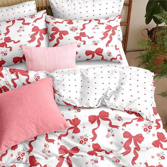 Red Bow Comforter Set Full for Girls, 3Pcs Ribbon Bowknot Bedding for Kids Kawaii Bedroom Decor, Dreamy Priness Girly Puple Stripe Bows Comforter Set with 2 Pillowcases, 79"x90"