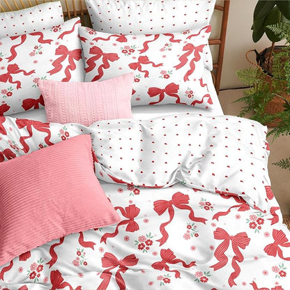 Red Bow Comforter Set Twin for Girls, 2Pcs Ribbon Bowknot Bedding for Kids Kawaii Bedroom Decor, Dreamy Priness Girly Puple Stripe Bows Comforter Set with 1 Pillowcase, 68"x86"