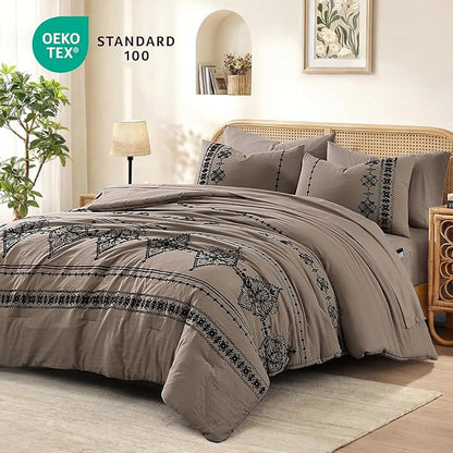 MaiRêve Full Size Comforter Set Taupe Grey, Embroidery Floral Western Boho Bedding Set, All Season 7 Pieces Bed in a Bag with Sheets, Pillowcases & Shams