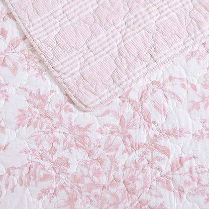 Laura Ashley - Queen Quilt Set, Soft & Reversible Cotton Floral Bedding with a Medium Weight Feel, 3 Piece Bed Set with Matching Pillowcases (Bedford Pink)