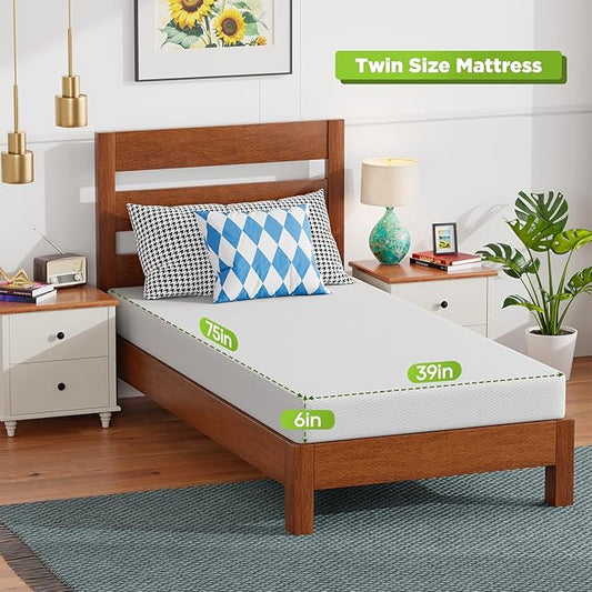 FDW 6 Inch Twin Mattress, Base Foam, Medium Firm Support, Breathable & Comfortable, Removable Washable Zipper Cover, Bed-in-a-Box，CertiPUR-US Certified