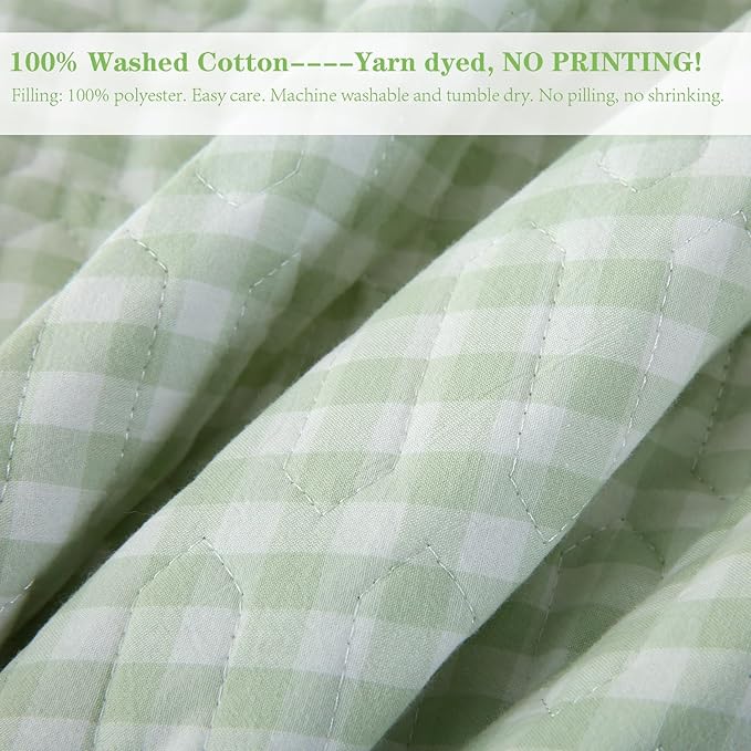 Pile Green White Ruffle Gingham Quilt Set Queen Size with Pillow Shams, 100% Washed Cotton Yarn-Dyed Quilted Bedspread Bedding Set (Pile Green, Queen)