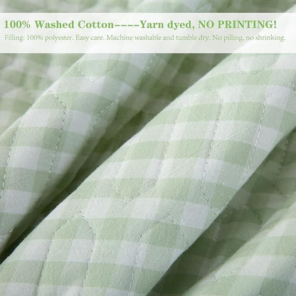 Pile Green White Ruffle Gingham Quilt Set Queen Size with Pillow Shams, 100% Washed Cotton Yarn-Dyed Quilted Bedspread Bedding Set (Pile Green, Queen)