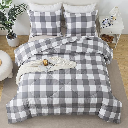 Caressma Buffalo Plaid Comforter Set Queen, White Gray Buffalo Plaid Comforter Bedding Set for All Seasons, Classic Gingham Pattern Print Soft Microfiber 3 Pieces Comforter with Pillowshmas