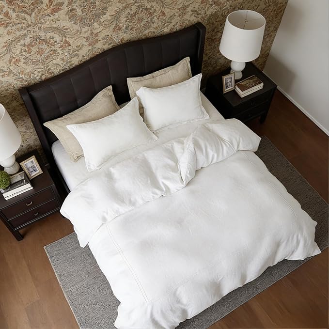 Simple&Opulence 100% Washed Linen Duvet Cover Set 104"x92" - 3 Pieces Soft Farmhouse Comforter Cover Set Double Embroidered with Button Closure - 1 Duvet Cover and 2 Pillowcases (White, King)