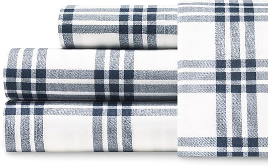 Eddie Bauer - Full Sheets, Cotton Percale Bedding Set, Crisp & Cool Home Decor, Dorm Room Essentials (Navy Plaid, Full)