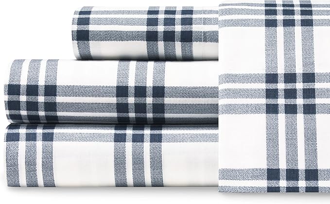 Eddie Bauer - King Sheets, Cotton Percale Bedding Set, Crisp & Cool Home Decor (Navy Plaid, King)
