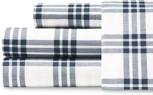 Eddie Bauer - Queen Sheets, Cotton Percale Bedding Set, Crisp & Cool Home Decor (Navy Plaid, Queen)