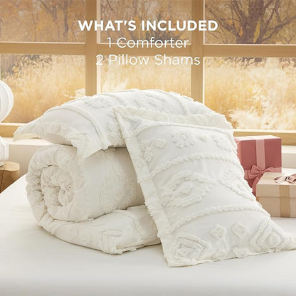 Bedsure Boho Tufted White Comforter Set Queen Size, GentleSoft™ 3 Pieces Boho Farmhouse Decor Bedding, Exquisite Shabby Chic Bedding for All Seasons, 1 Bed Comforter, 2 Pillow Shams, 90x90 Inches