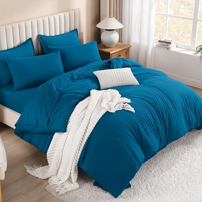 Litanika Comforter California King Size Set Teal - 7 Pieces Bed in a Bag California King Bedding Comforter Sets, Plain Lightweight Bed Set with Comforter, Sheets, Pillowcases & Shams