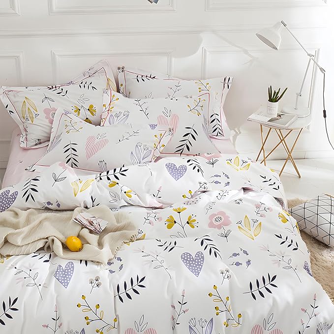 HighBuy Girls Comforter Set Twin XL White Pink Floral Bedding Sets for Kids Girl Cottagecore 3 Piece Botanical Bedding Comforter Boho Bed Set,1 Comforter and 2 Pillowcases for All Season,Twin XL