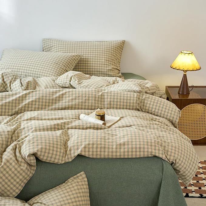 EAVD Vintage Style Green Plaid Duvet Cover Twin Soft 100% Washed Cotton Chic Checkered Gingham Bedding Set with 2 Pillowcases Farmhouse Green Gingham Duvet Cover with Zipper Closure