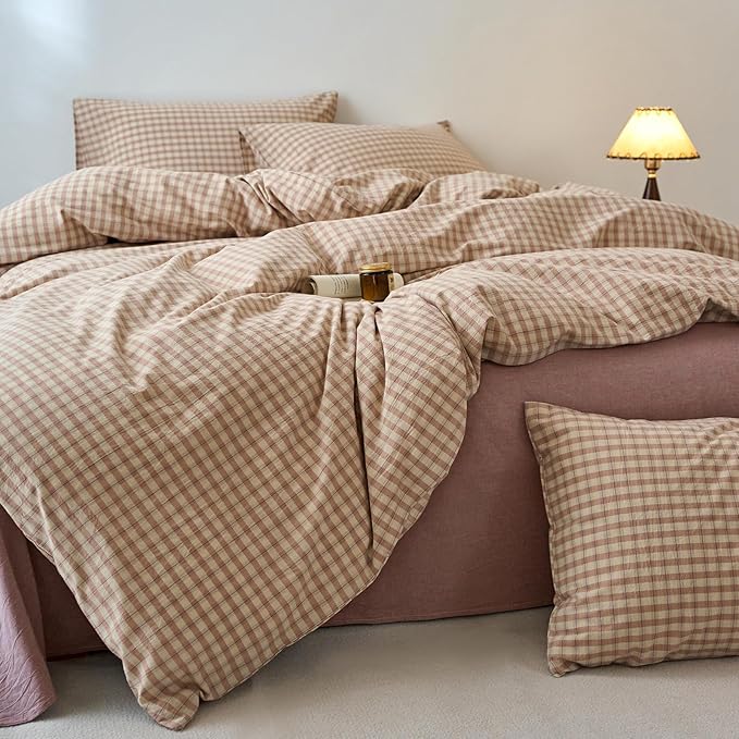 EAVD Vintage Style Pink&Tan Plaid Duvet Cover Full Soft 100% Washed Cotton Chic Checkered Gingham Bedding Set with 2 Pillowcases Farmhouse Gingham Duvet Cover with Zipper Closure