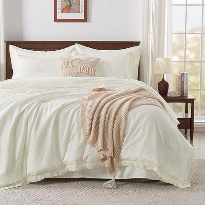 Andency Oversized King Comforter Set Ivory 120x98-7 Pieces Boho Tassel Bed in a Bag Soft Lightweight Bedding Sets, Fringe All Season Bed Set with Comforter, Sheets, Pillowcases & Shams