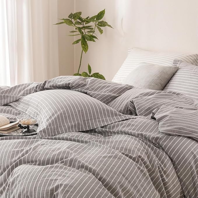 Stripe Duvet Cover Full Size 90inch x 80inch, 100% Washed Cotton Linen Feel Duvet Cover with Zipper Closure and 2 Pillowcases, Color of Grey-White Stripe