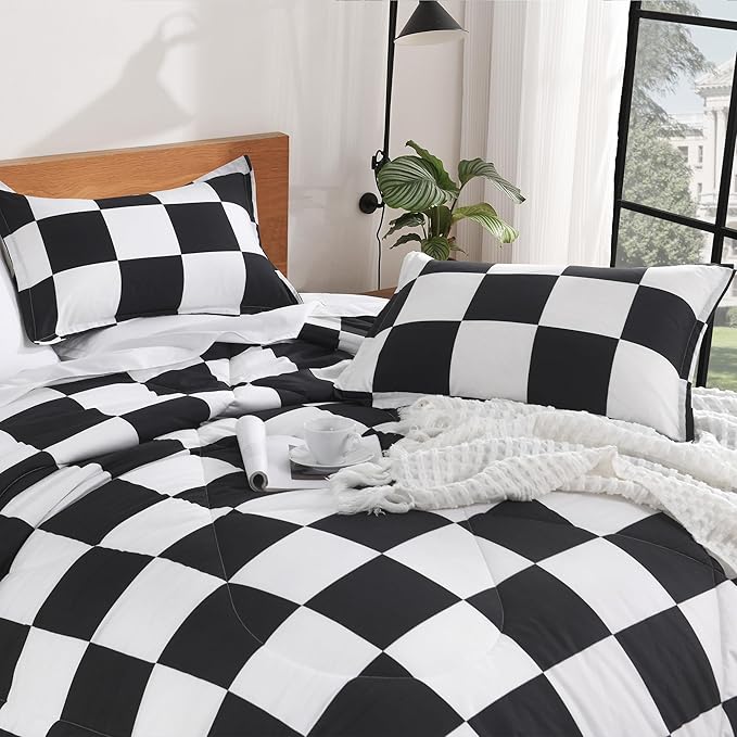 Andency Checkered Comforter Queen(90x90Inch), Black White Plaid Gingham Bed Set for Teen Boys Kids, Lightweight Polyester Geometric Preppy Bedding, 3 Pieces