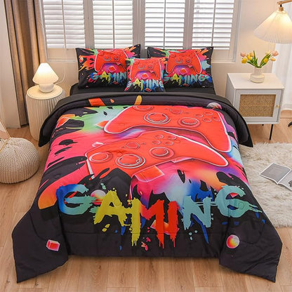 Aimuan Gamer Gaming Bedding Sets 3D Gamepad Comforter Sets for Boys Games Console Action Buttons Novelty Colorful Game Controller Modern Room Decor Home Quilt Set (Black, Full 6PCS)