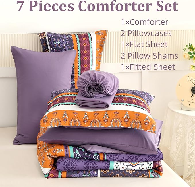 WONGS BEDDING Boho Comforter Set King Size,7 Pieces Bohemian Striped Bedding Comforter Set Bed in a Bag,Purple Paisley Floral Comfortet and Sheet Set,Soft Microfiber Bedding Sets for All Season
