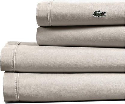 Lacoste 100% Cotton Percale 4-Piece Sheet Set – Cool, Crisp, Matte, and Durable, Oeko-Tex Certified – Solid, Pumice Stone, Full