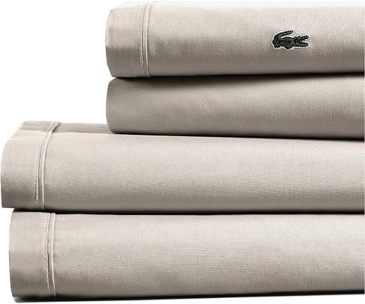 Lacoste 100% Cotton Percale 4-Piece Sheet Set – Cool, Crisp, Matte, and Durable, Oeko-Tex Certified – Solid, Pumice Stone, Full