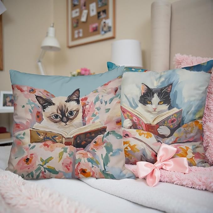 Funny Cat Reader Book Pillow Cover 18 x 18 Set of 2, Reading Nook Corner Decor, Gifts for Book Lovers, Preppy Floral Black White Cats Bookish Pillowcase（02）