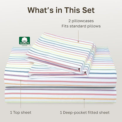 California Design Den Full Size Bed Sheets Set - 400 Thread Count Sateen, Natural 100% Cotton Sheets, Deep Pocket and Durable Bedding Set - Rainbow Striped