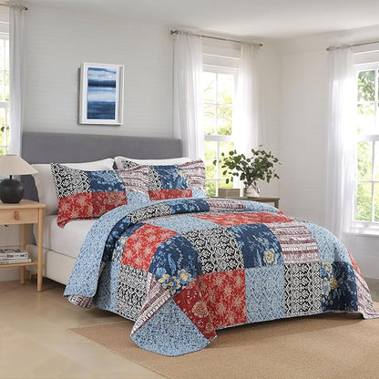 Secgo California King Comforter Set for Bed - 100% Cotton Quilts Cal King Size, Black Bedspreads (120 * 110 Inch) with 2 Pillow Shams, Patchwork Reversible Lightweight Bedding