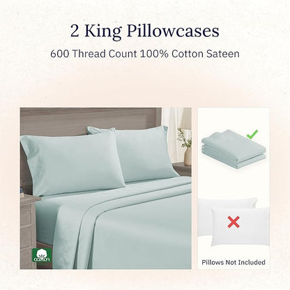 CALIFORNIA DESIGN DEN Luxuriously Soft Hotel Quality 600 Thread Count, 100% Cotton Set of 2 Cases, Crisp & Cool King Size Pillow Covers Set of 2 Fits King Pillows (Seafoam)
