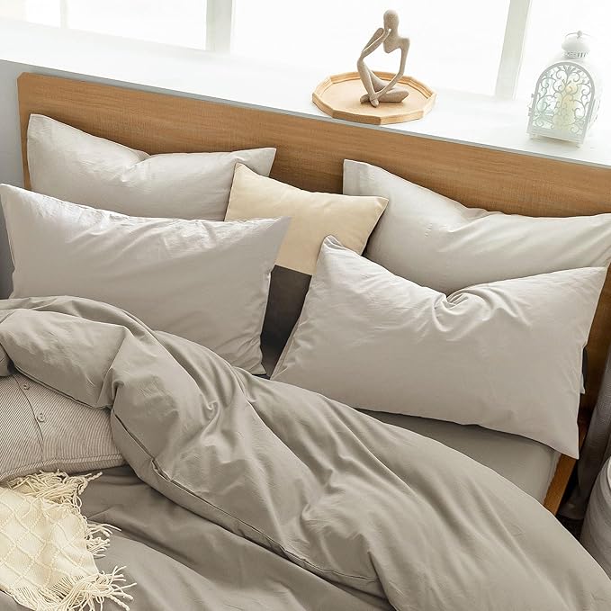 MooMee Bedding Pillowcases Pack of 4 100% Washed Cotton Linen Like Textured Breathable Durable Soft Comfy (Heathered Cream Grey, Standard)