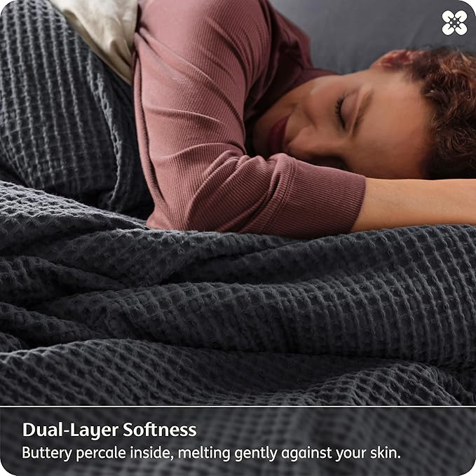 Bedsure Cotton Duvet Cover King Size - 100% Cotton Waffle Weave Charcoal Duvet Cover, PureWoven Textured Breathable Bedding Comforter Cover for All Season, 1 Duvet Cover Only 104"x90"