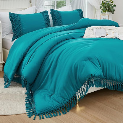 Andency Turquoise Comforter Set King, 3 Pieces Boho Tassel Lightweight Soft Bedding Comforter Sets for King Bed, All Season Fluffy Fringe Bed Set (104x90In Comforter & 2 Pillowcases)